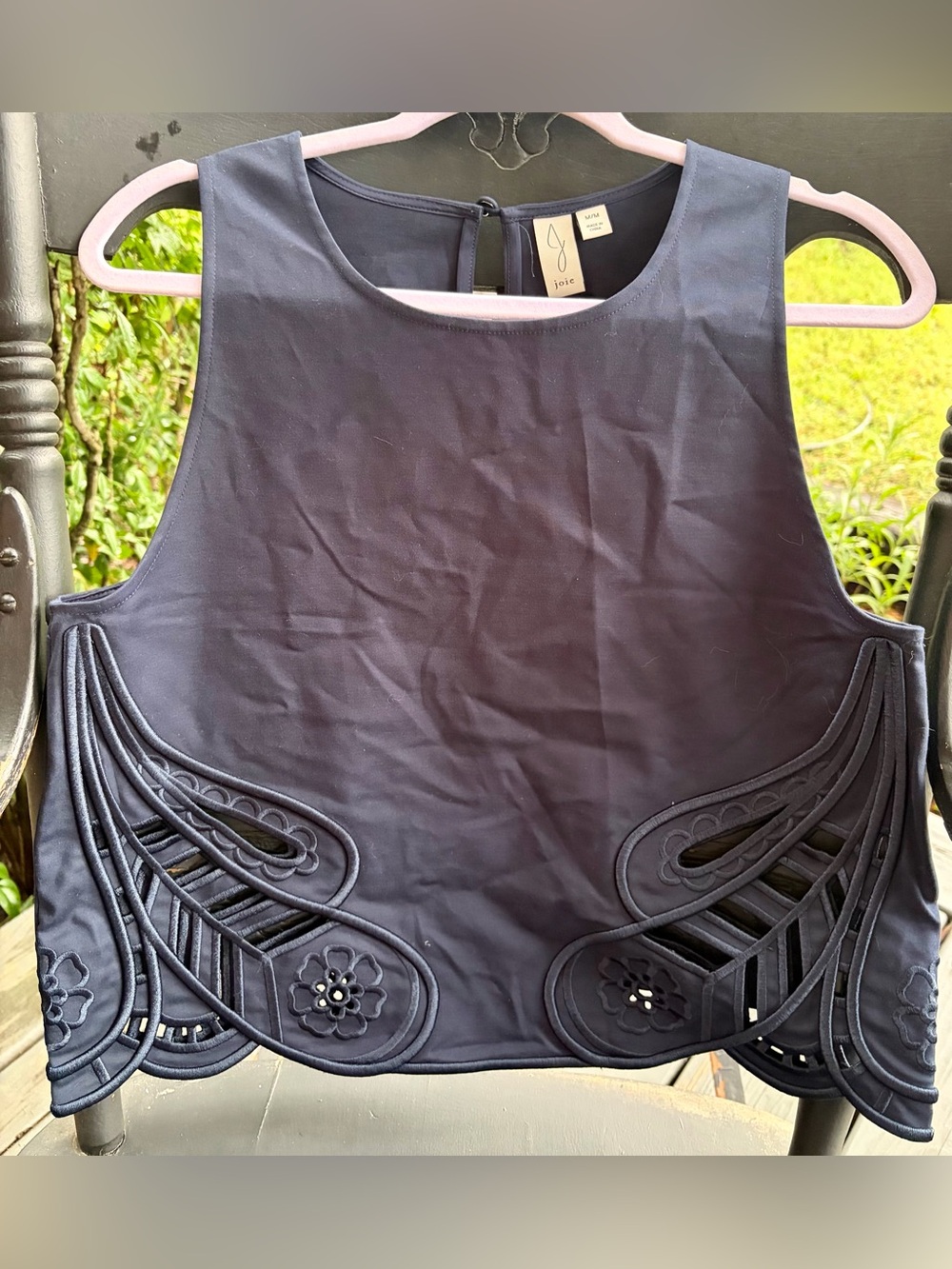 NWOT JOIE Navy Sleeveless Appliqué Cutout Crop Top ~ Feminine